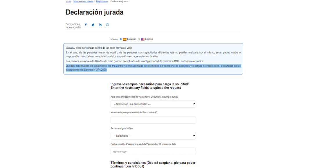 Declaración jurada para ingresar o salir de Argentina